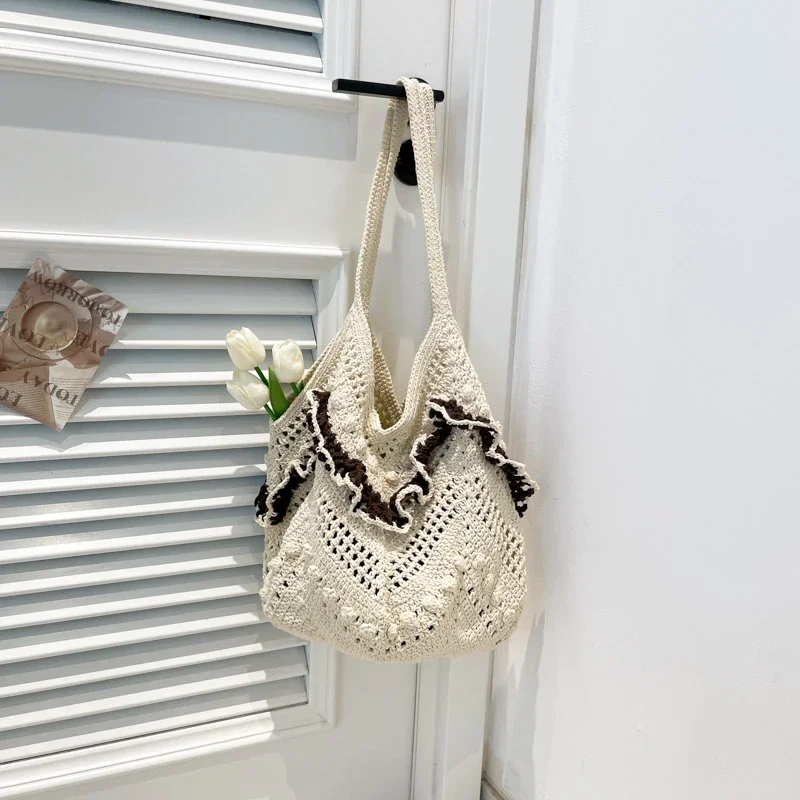 

Yarn Lace Hollow Out Shoulder Bags Summer New Solid Color Women's Bags 2025 Brand Sewing Beach Vacation Women's Handbags