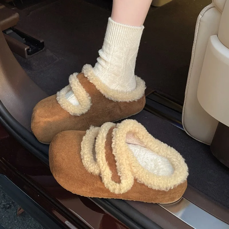 

Women Slippers Suede Fur Flats Shoes Short Plush Mule Shoes Fashion New Warm Snow Boots 2025 Winter Casual Cotton Slides Zapatos