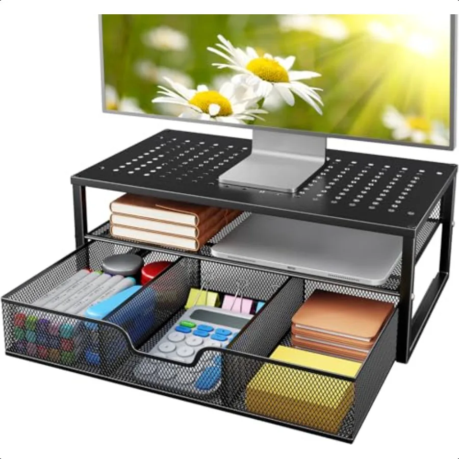 

2-уровневая подставка для монитора, металлическая подставка для монитора с хранилищем, органайзер для компьютерного стола с выдвижным ящиком для портативного компьютера, ПК, черный
