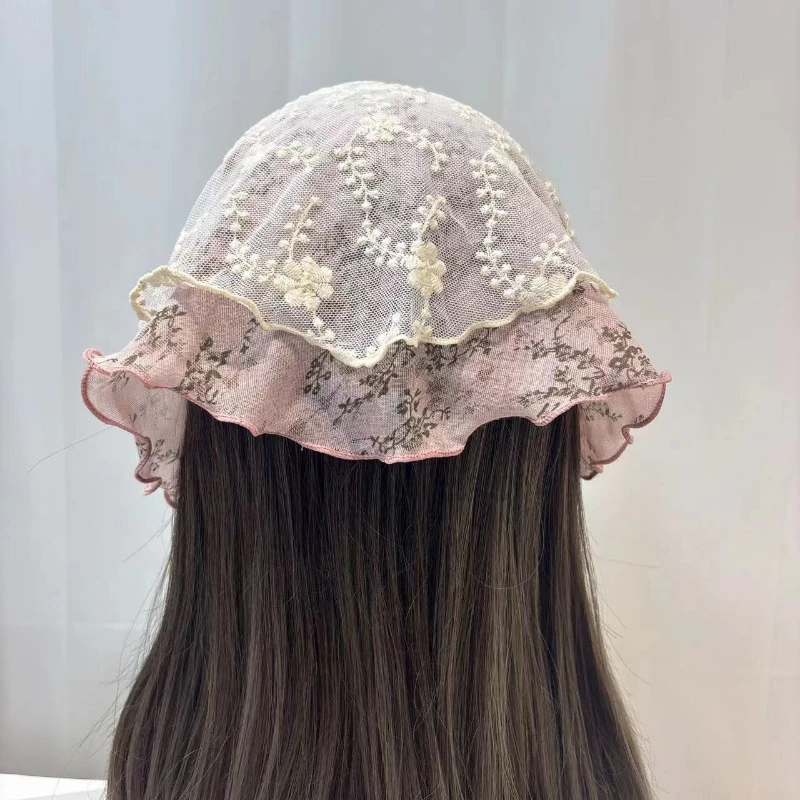 Women Boho Double Layer Bandana, Thin Vintage Lace Embroidery Mesh Splice Headscarf, Hair Tie Neckerchief