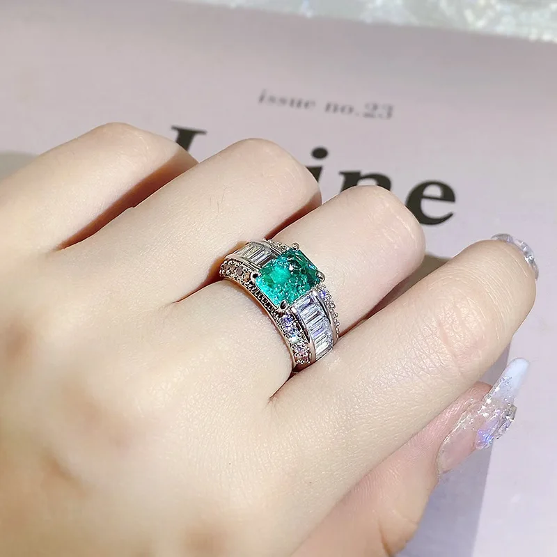 Mode S925 Silber Smaragd Prinzessin Paraiba Paare Ring Für Frauen Doppel Diamant Kristall Engagement Jahrestag Geschenk Schmuck