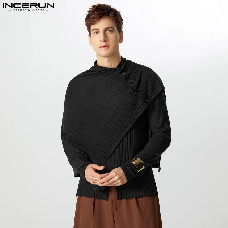 INCERUN Handsome New Men Tops Fashion Coarse Pit Stripe Knitted Shawl Button Sweaters Streetwear Stand Neck Long Sleeved Sweater