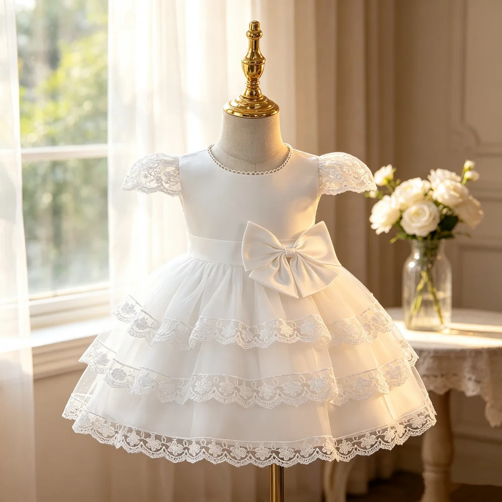 Girls' formal lace and tulle puffy princess dress featuring a round neck and bow detail