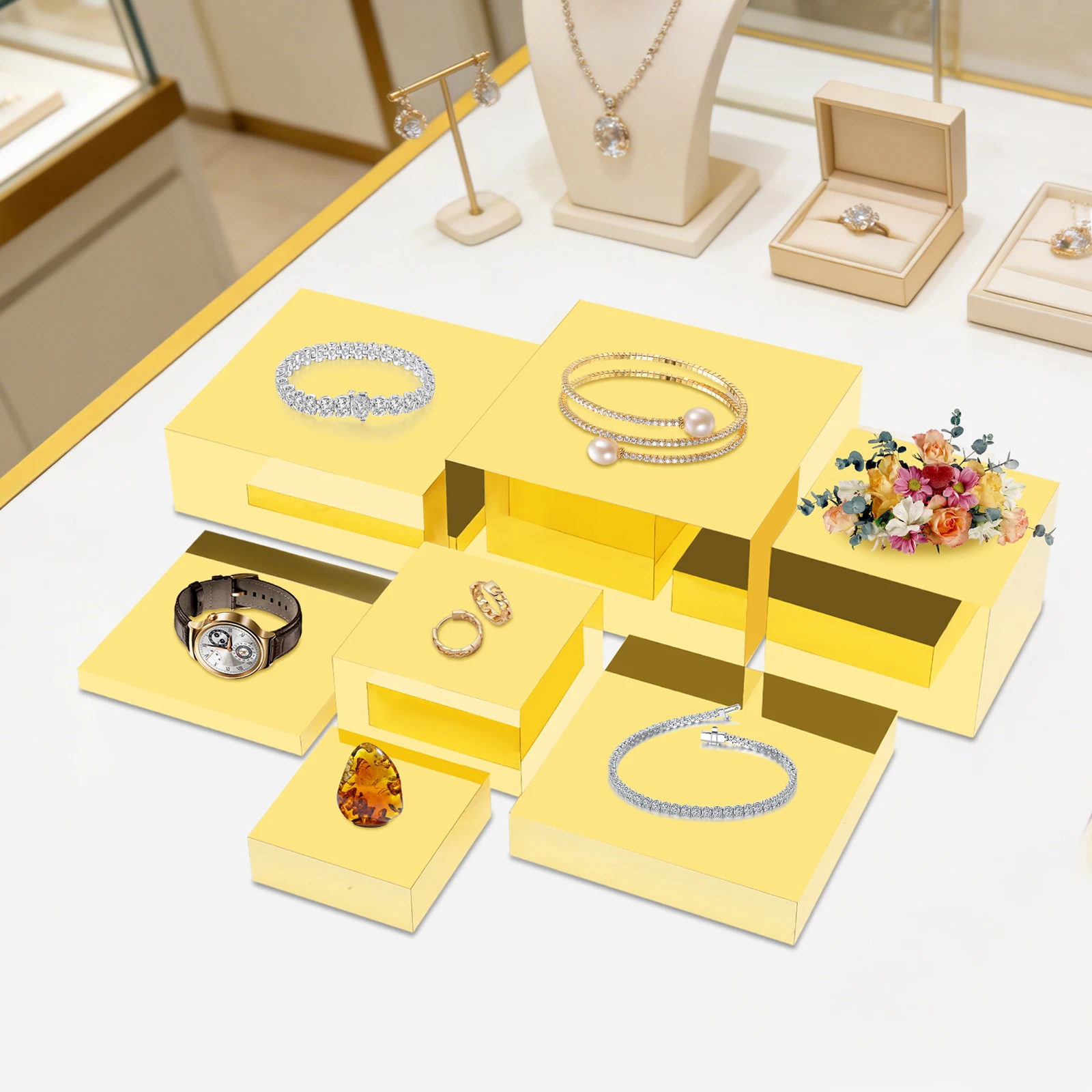 Gold Acrylic Cake Display Stand, 7PCS Cupcake Stands, Buffet Risers Set ，Rectangular Acrylic Buffet Raised Rack Set 6