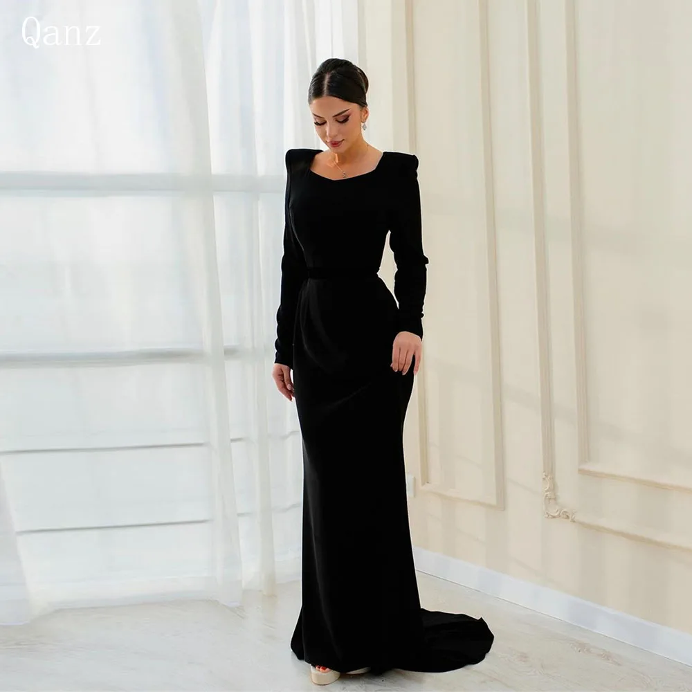 

Qanz Black Vintage Velour Evening Dresses Long Sleeves Mermaid O Neck Saudi Arabia Prom Dress Formal Occasion Dresse Customized