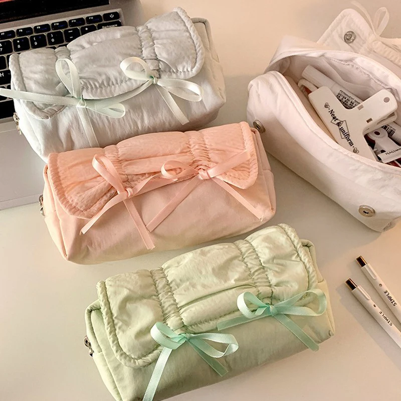 Creative Korea Style Bow Pencil Case Large Capacity Multi-layer Storage Drawstring Pencil Bags Office Supplies Storage Bag