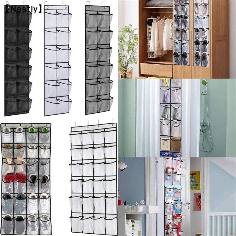 12/24 Grids Wall-Mounted Sundries Shoe Organiser Fabric Closet Bag Storage Rack Mesh Pocket Clear Hanging Over Door Box〔Nest〕