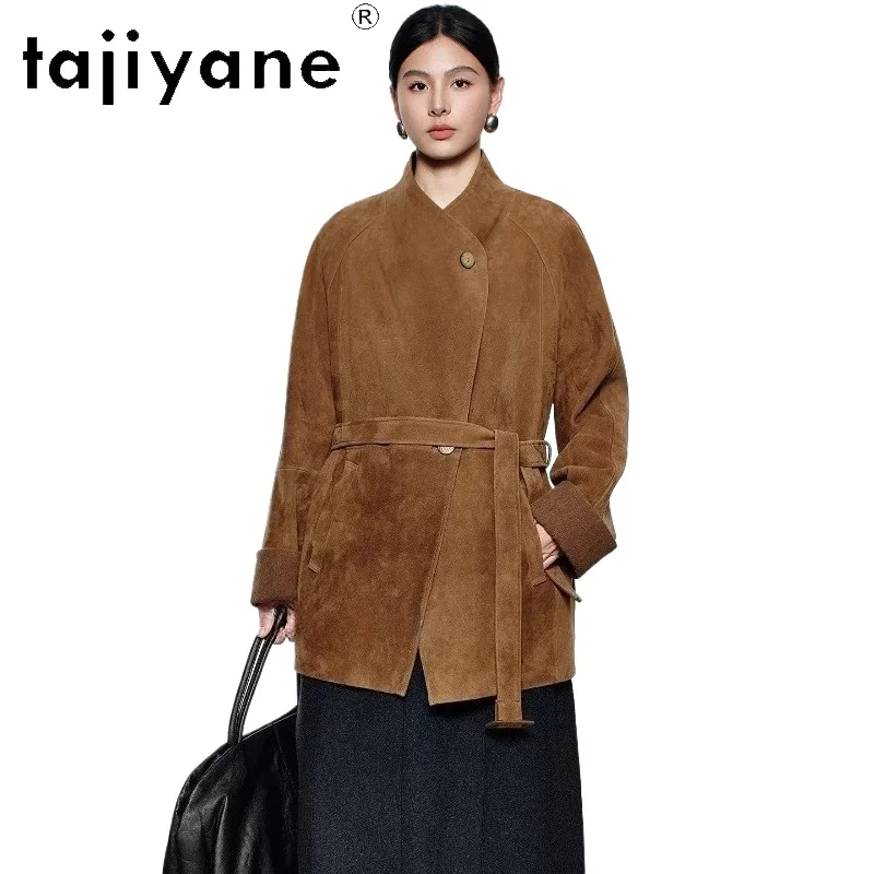TAJIYANE Genuine Goatskin Leather Jackets Woman Stylish Suede Coat Stand Collar Real Leather Jacket Autumn Clothes 2025 дубленка