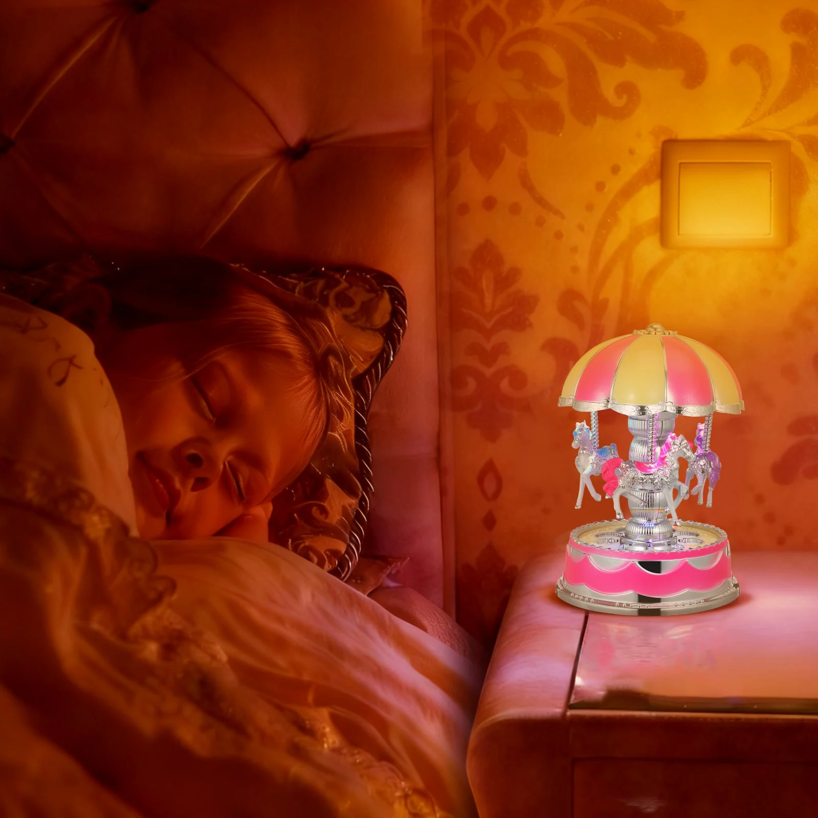 

Illuminated Carousel Music Box 3 Rotating Horses Light Feature Romantic Atmosphere Decor for Home Bedroom Gift