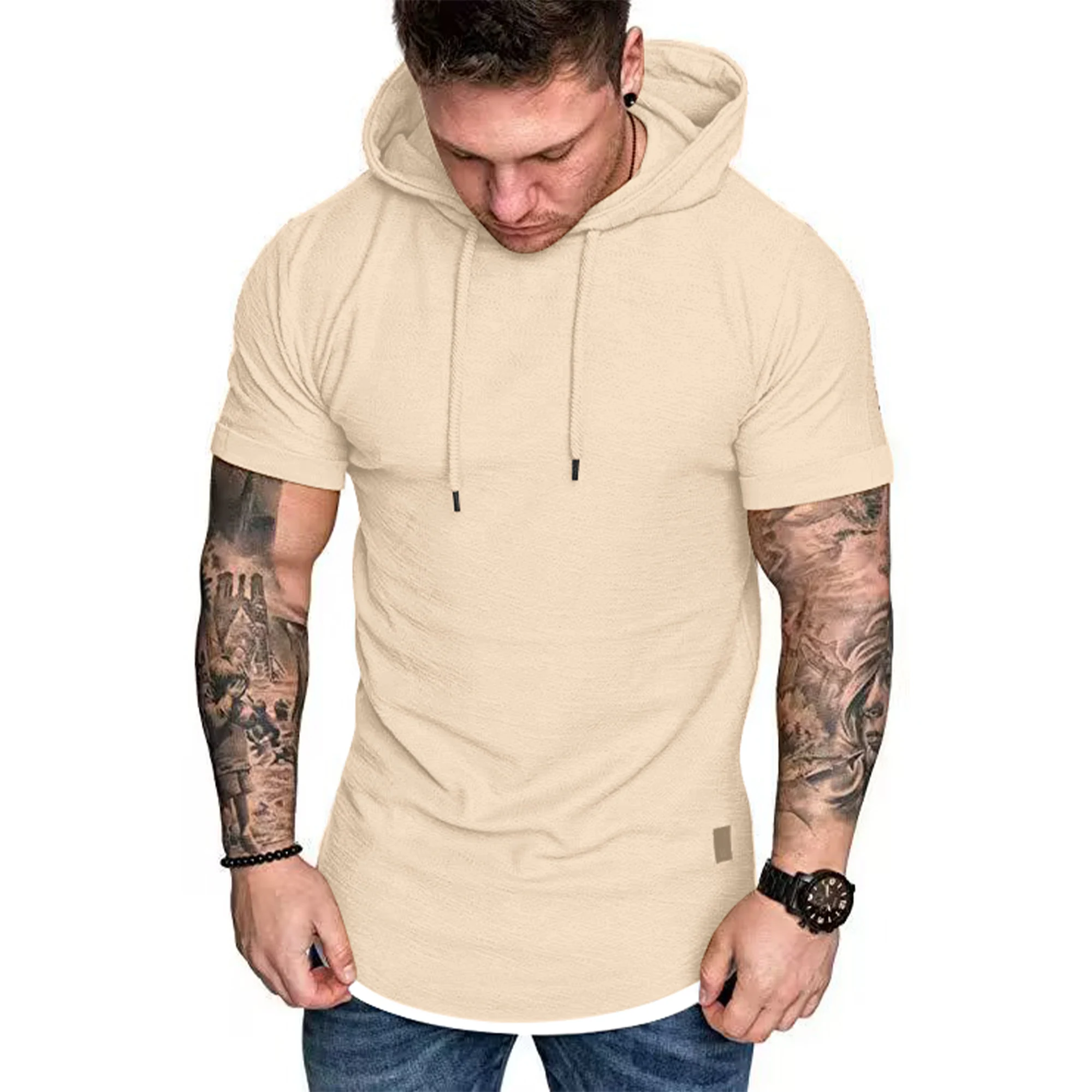 New summer hooded T-shirt men's solid color men's short sleeve T-shirt hoodie