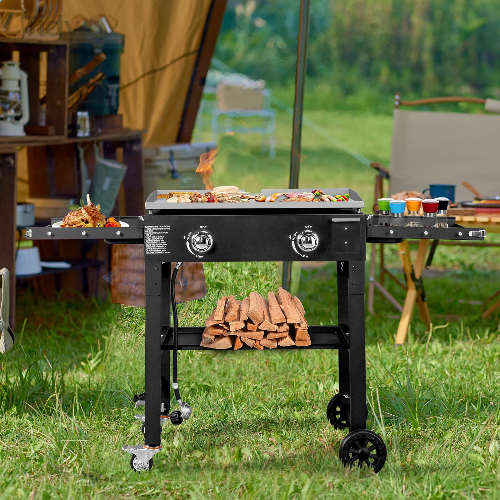 

Foldable 2-Burner Flat Top Gas Griddle Cooking Station, Propane Fuelled Griddle Station with Side Shelves for Outdoor Barbecue