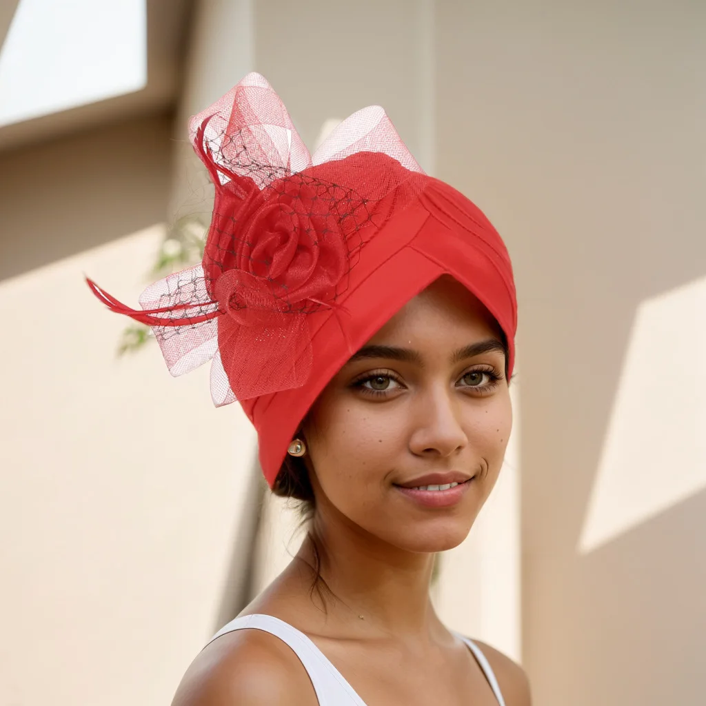 Newly Big Lace Flower African Bandana Head Wrap Women Elastic Hair Loss Cap Turban Wedding Party Headwear Hair Accessories