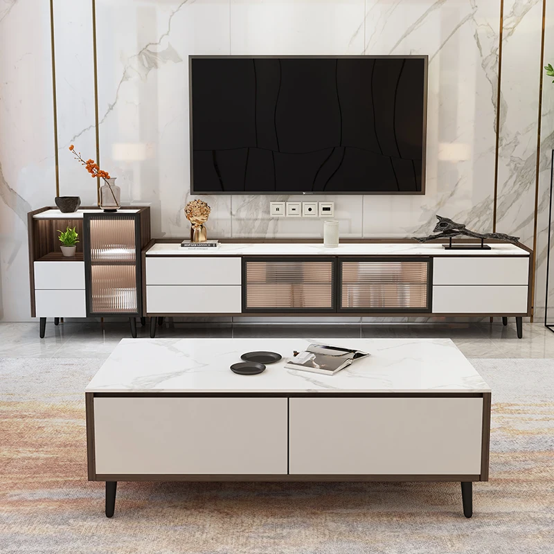 

simple rock slab coffee table TV cabinet combination living room marble pattern light luxury large and small apartment te