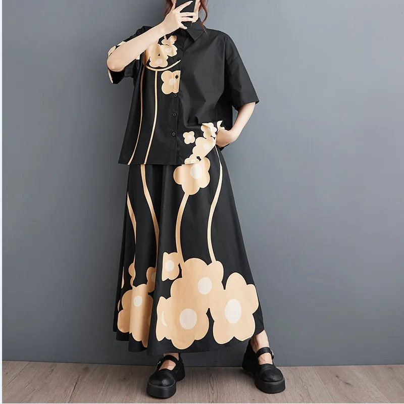 

Female Casual Female Sets Loose Fashion Contrast Color Print Short Sleeve Shirt Skirt Two Pieces Sets Summer New Women Clothes