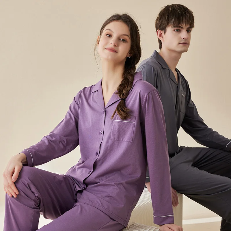 

Comfortabl Single Breasted Sleepwear Modal Men Women Pajama Turn Down Collar Set Woman 2 Pieces Nightwear Cotton Nightgowns