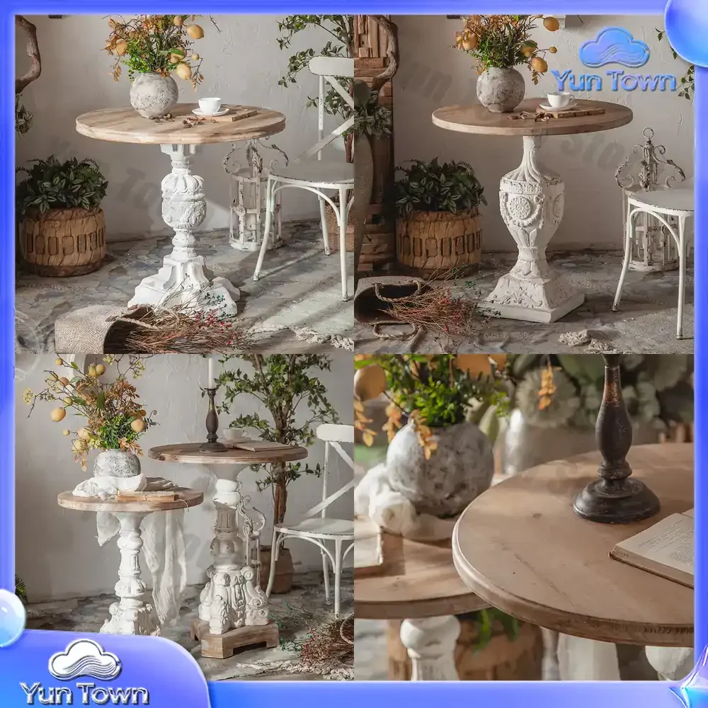 French Vintage Solid Wood Dining Table and Chairs Set Round White Coffee Table with 2 Chairs for Living Room Casual Meeting