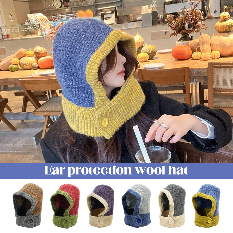 

Winter Warm Unisex Hooded Hat Neck Collar Scarf Cap Beanies For Men Women Ski Beanie Hats Trapper Hat Wool Knitted Caps