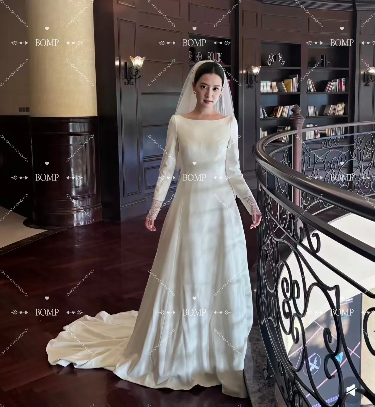 BOMP Vintage corée robe de mariée manches longues balayage Train ivoire Satin séance Photo robe de réception de mariée personnalisé ...........