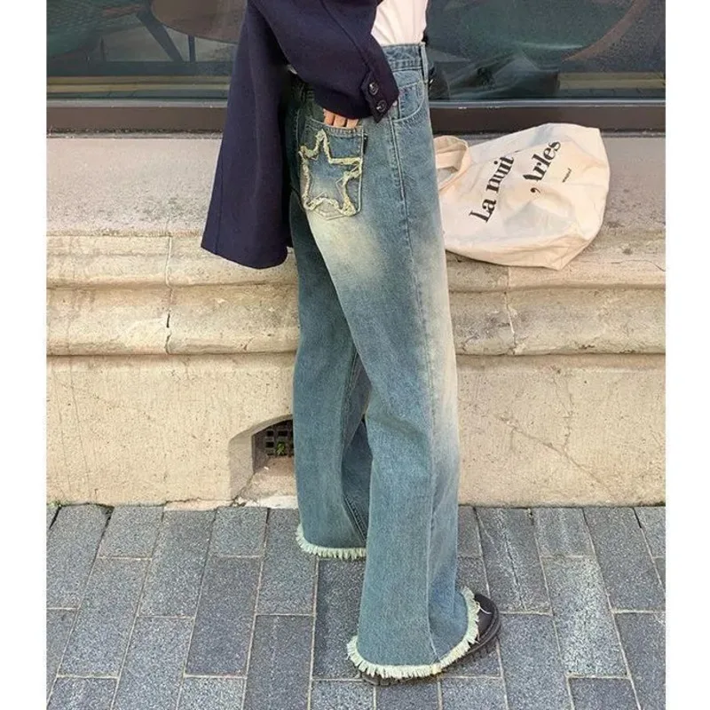 Denim Straight Leg Jeans Woman  Women's Pants Female Clothing Streetwear Korean Fashion High Waist 2024 Flare Vintage Blue