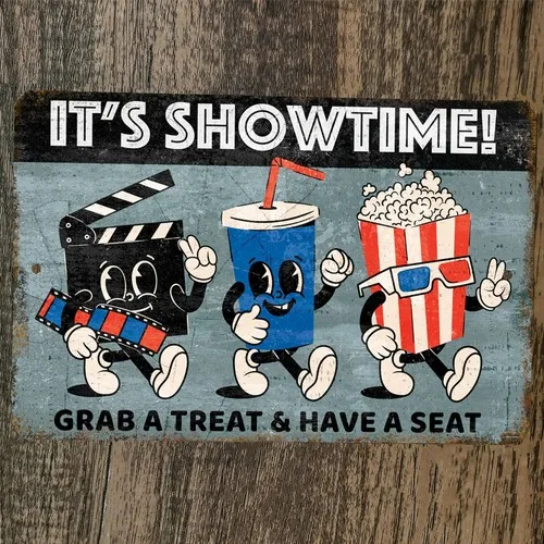 Vintage Look Its Showtime Movie Theater Popcorn  Metal Wall Sign Poster