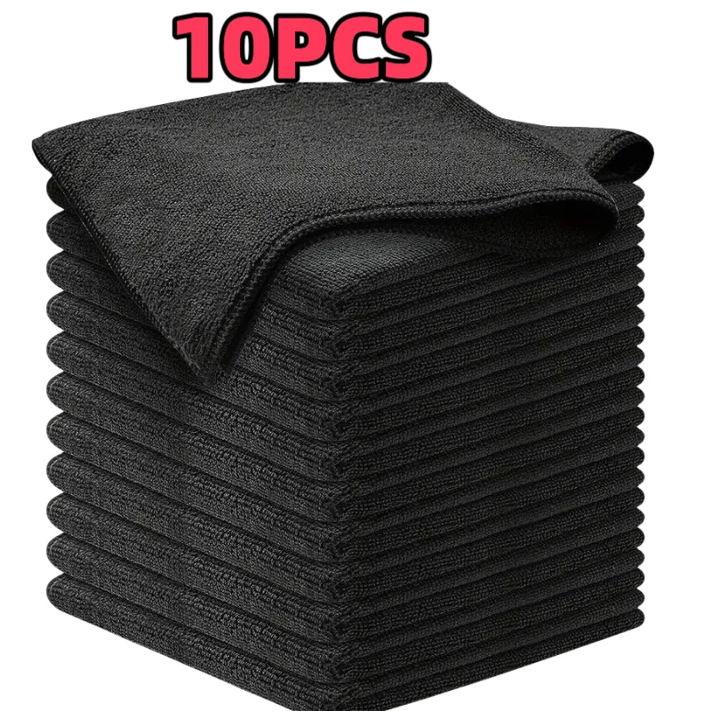 10PCS Black Microfiber Car Cleaning Towels - Thickened Absorbent Household Kitchen Towels