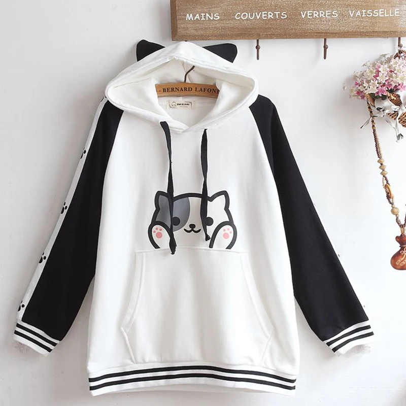 Japanese casual style cat ears color match cartoon cat printing women's clothing hoodies loose coat tops