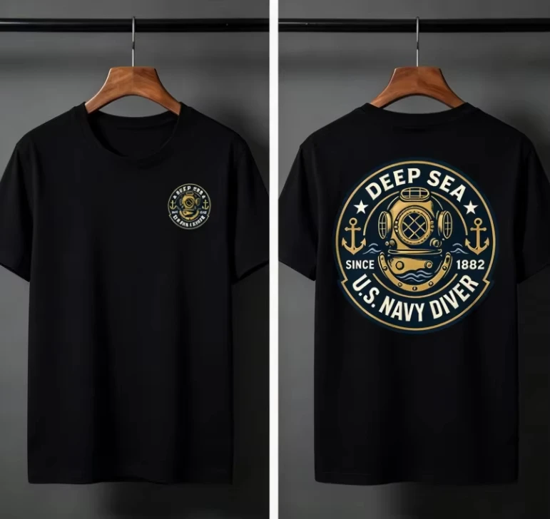 2026 New Men Vintage Diving Helmet Graphic T-shirt, Deep Sea Anchor Retro Badge Print Crew Neck Short Sleeve Cotton Tee