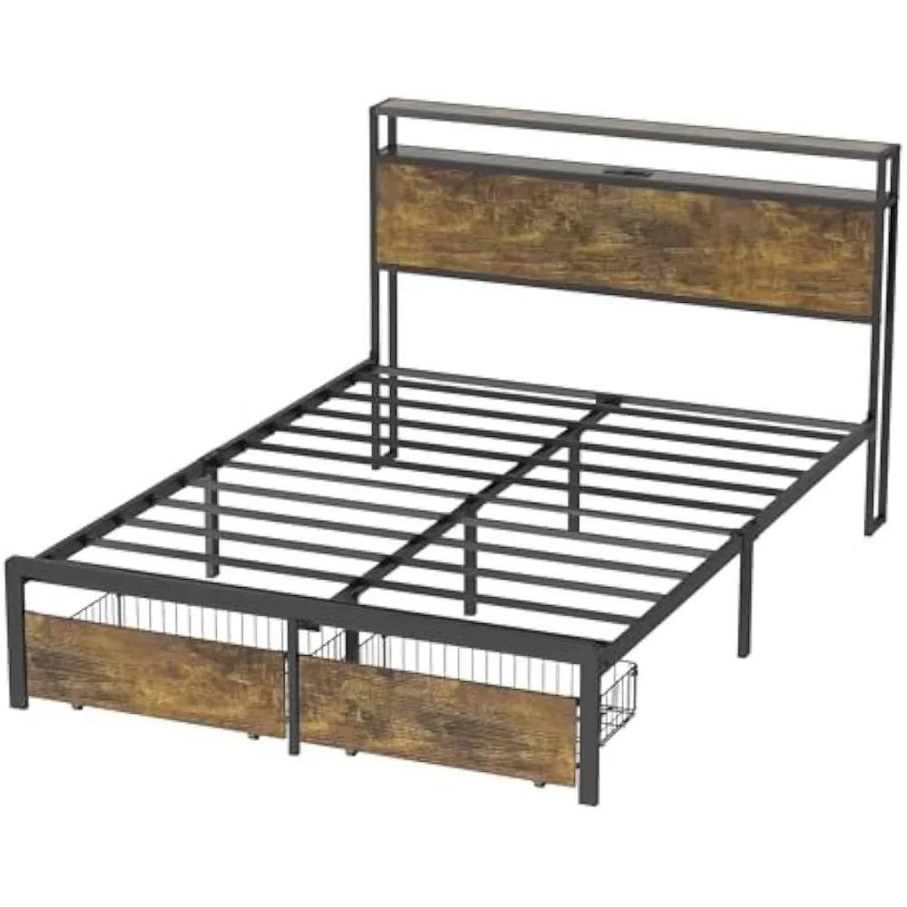 bedstead.Industrial Full Bed Frame with LED Lights Charging Station & 2 Storage Drawers No Box Spring Needed Sturdy Metal