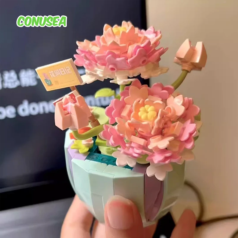 Plant Potted Building Block Bouquet 3D Model Toy Home Decoration Rose Flower Assembly Brick Girl Girlfriend Toy Birthday Gift