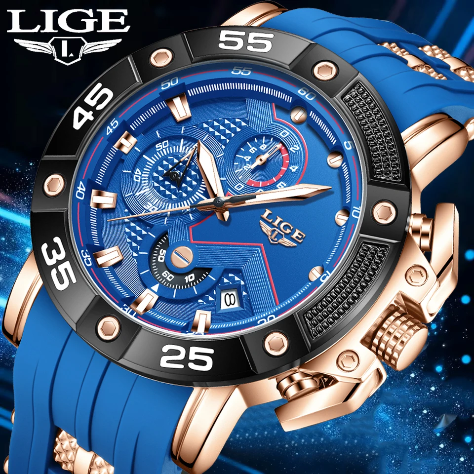 

LIGE Sport Watches for Men Fashion Business Big Dial Watch Men Casual Blue Silicone Waterproof Luminous Men's Quartz Wristwatch