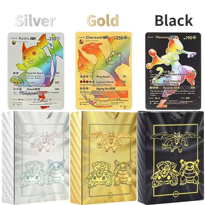 Cartes Pokemon en feuille d'or, 55 pièces, lettres dorées, Version anglaise, arc-en-ciel Vmax EX GX, carte noire et argentée, série Pikachu Batt, cadeaux