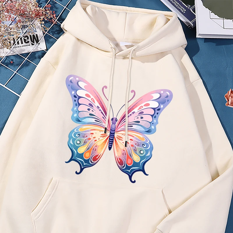 

Colorful Butterflies Prints Hoody Female Vintage Crewneck Sweatshirt Autumn Oversize Hooded Simple Comfortable Woman Streetwear