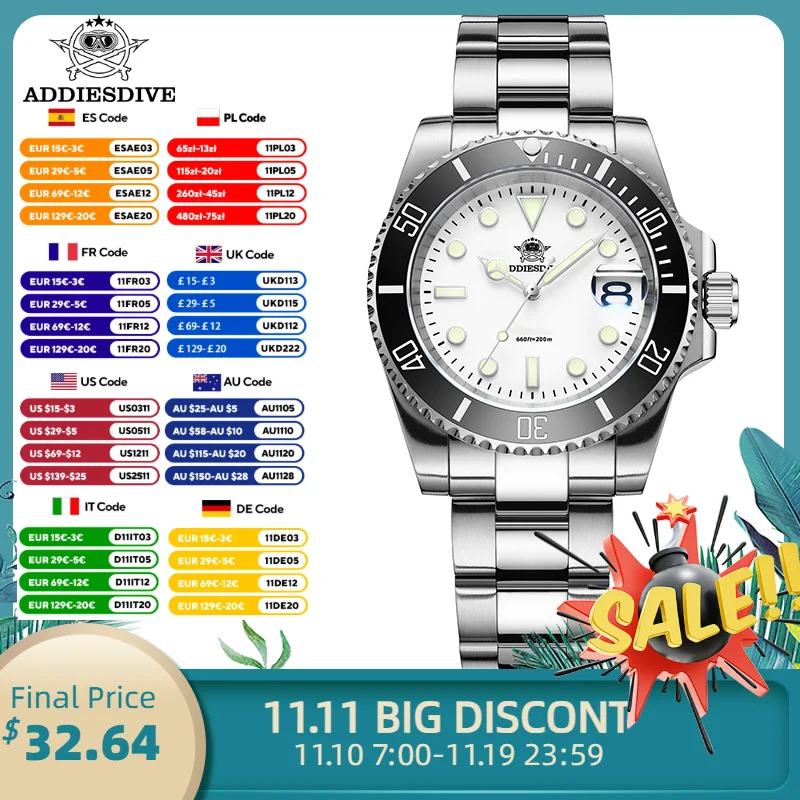 

ADDIESDIVE Watch For Men Stainless Steel Ceramic Bezel BGW9 Luminous Quartz Watch 200m Waterproof Men's Diving Watch ﻿Relogios