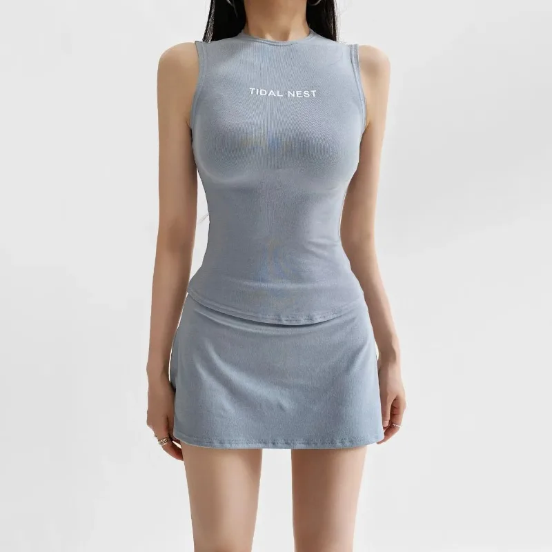 New Letter Printed Round Neck Slim Fit Sleeveless Vest Split Bottom Shorts Skirt Sets Fitness Sports Casual Suit for Women Daily