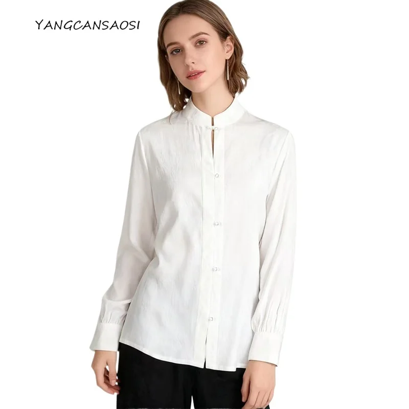 

Fashion Women's Clothing 20MM Breathable 93% Natural Mulberry Silk Elastic Crown Satin Standing Collar Long Sleeved White Shirt