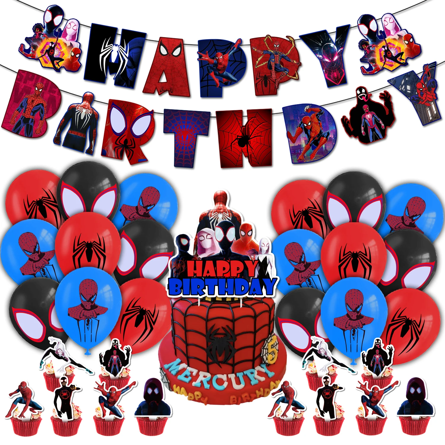 Spider Man Birthday Party set dinnerware Banner Cake Disposable Topper Hanging Flag Gwen Balloons Birthday backdrop Decoration