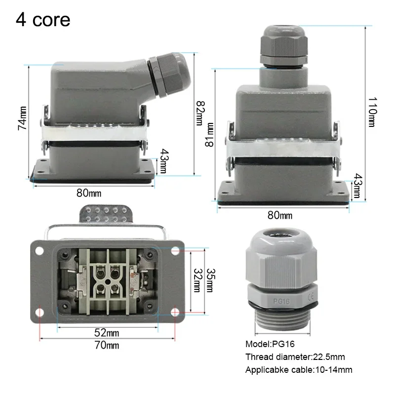 Rectangular Heavy Duty Connector HDC-HE-4/6/10/16/20/24/32/48 Core 16A 500V Waterproof And Dust Proof  Aviation Plug Socket