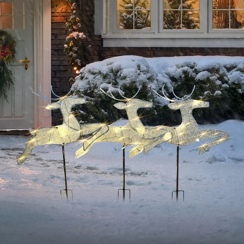 Home Christmas Yard Decoration, Set Of 3 Pre-Lit White Reindeer With White Lights, Light Up Glittered Standing Reindeer