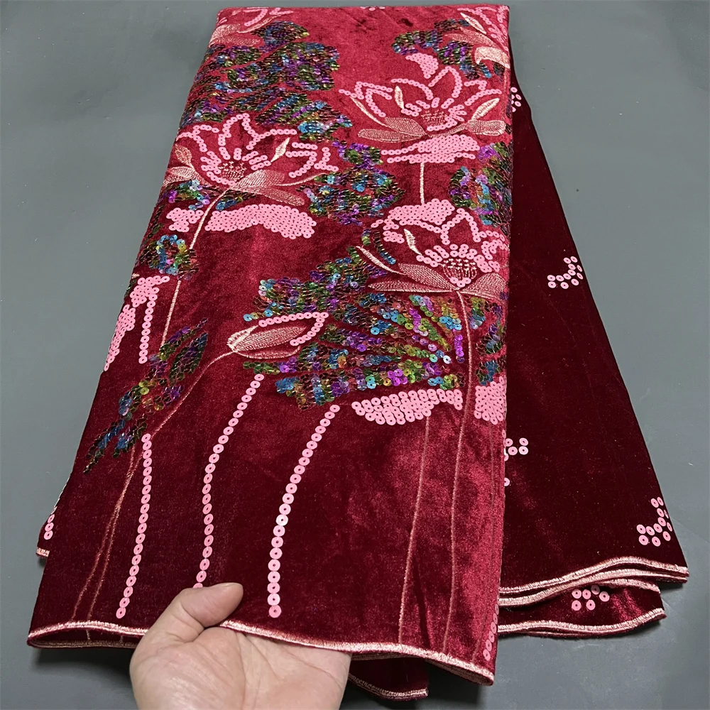 2026 Hochwertiger afrikanischer nigerianischer Samt-Spitzenstoff mit Pailletten, Perlen und Guipure zum Nähen von Hochzeits-/Abschlussballkleidern, 5 Yards
