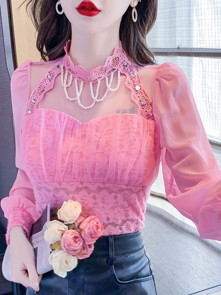 Shirts Women Lace Patchwork Hollow Out Long Sleeve Winter Fashion Slim Crop Tops Female Blouse French Style Chic