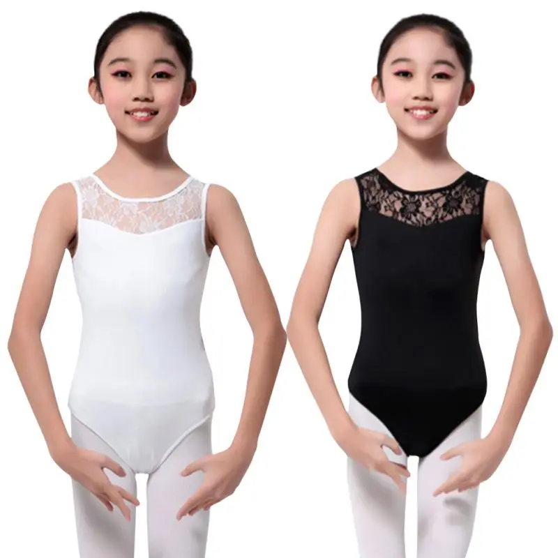 New Girls' Solid Lace Patchwork Ballet Leotards One-Piece Dance Bodysuit Soft Breathable O Neck Back Hollow Gymnastics Dancewear