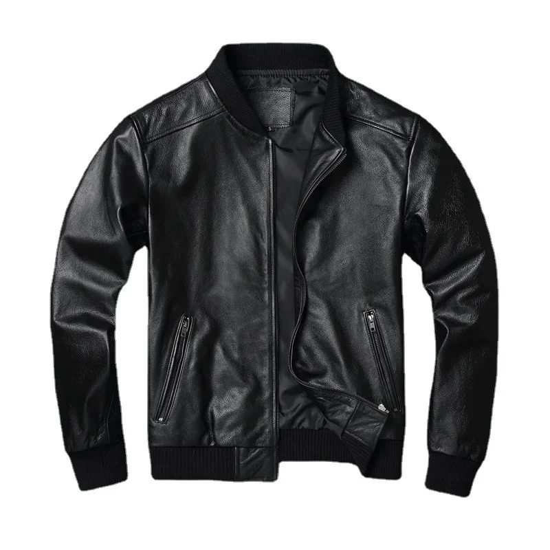 

Cow Black Genuine Leather Bomber Jacket Men Cowhide Real Coat Short Slim Business Clothing