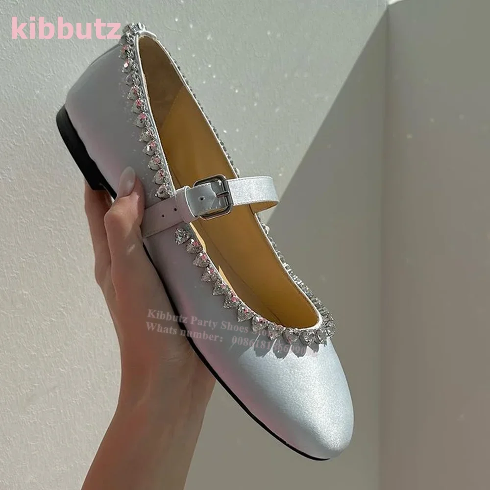 

Satin Ballet Pumps Mary Jane Crystal Heart Bordered Rounded Toe One Word Belt Solid Color Fashion Elegant Shoes Newest Flat With