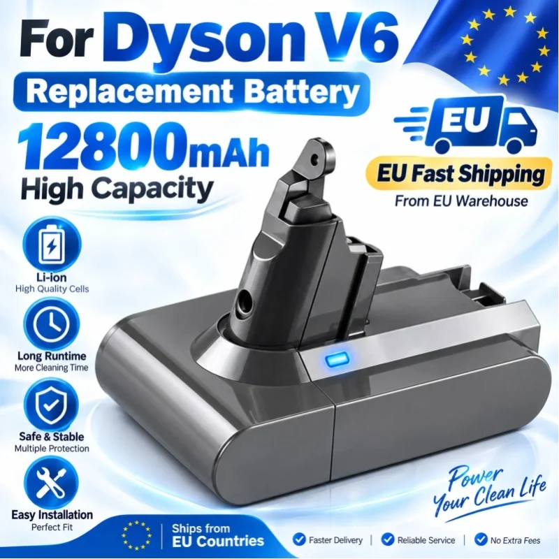 12800-mAh-Lithium-Ionen-Ersatzakku, kompatibel mit dem kabellosen Dyson V6-Staubsauger, wiederaufladbarer Akku mit hoher Kapazität und Mehrfachschutzsystem.