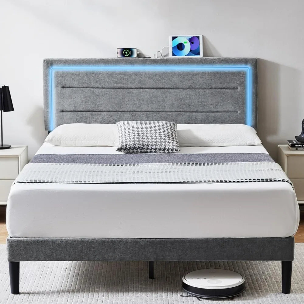 

Queen Size Bed Frame with LED Lights and Charging Station, Chenille Upholstered Platform Queen Bed Frame with Headboard, No Box