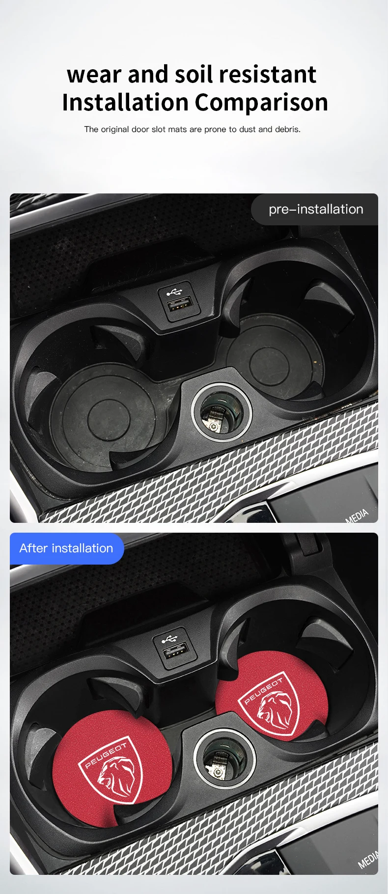 2 Stück Auto-Getränkeuntersetzer aus Wildleder, rutschfeste Matte für Getränkehalter, Auto-Innenausstattung für Peugeot 206 307 308 207 3008 208 407 508 2008 5008 301 406 – Detail 4