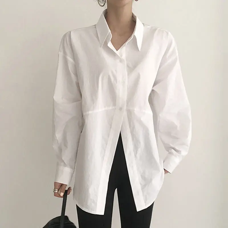 Koreanische schicke Herbst Minderheit einfache Revers unregelmäßige einreihige lose einfarbige Puff ärmel Shirt Top für Frauen