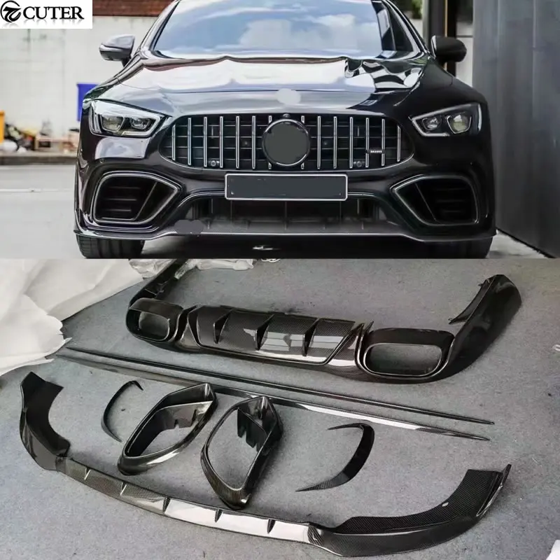 

Для Benz AMG GT63 GT63S Передний бампер из настоящего углеродного волокна, вентиляционные отверстия для губ, задний диффузор, боковые юбки, спойлер, насадки на выхлопную трубу, комплект кузова автомобиля