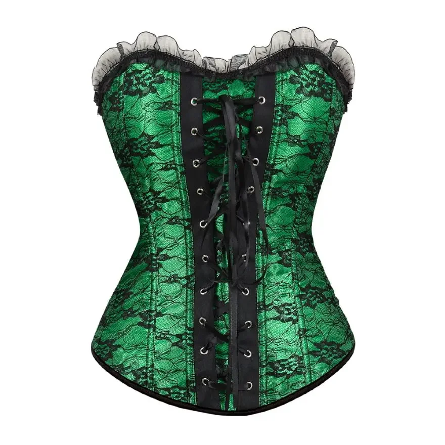 

Sexy Floral Lace Covered Overbust Corset Top Vintage Satin Waist Cincher Body Shaper Burlesque Lingerie Bustier Plus Size