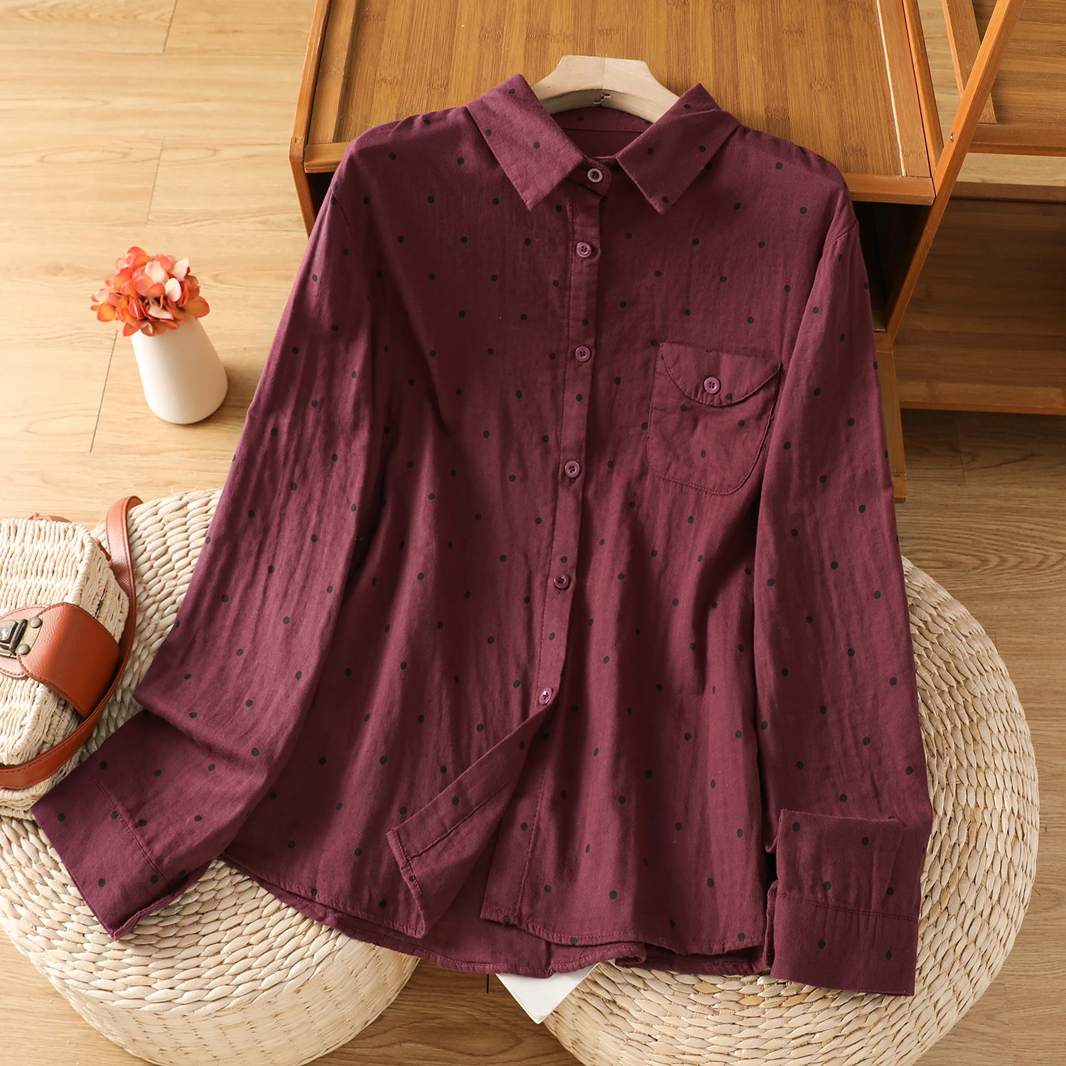 Fre Sle Double Layered irt Women's Long Sve Cotton Linen Blend Polka Dot Button up Casual Artistic Spring Autumn Top